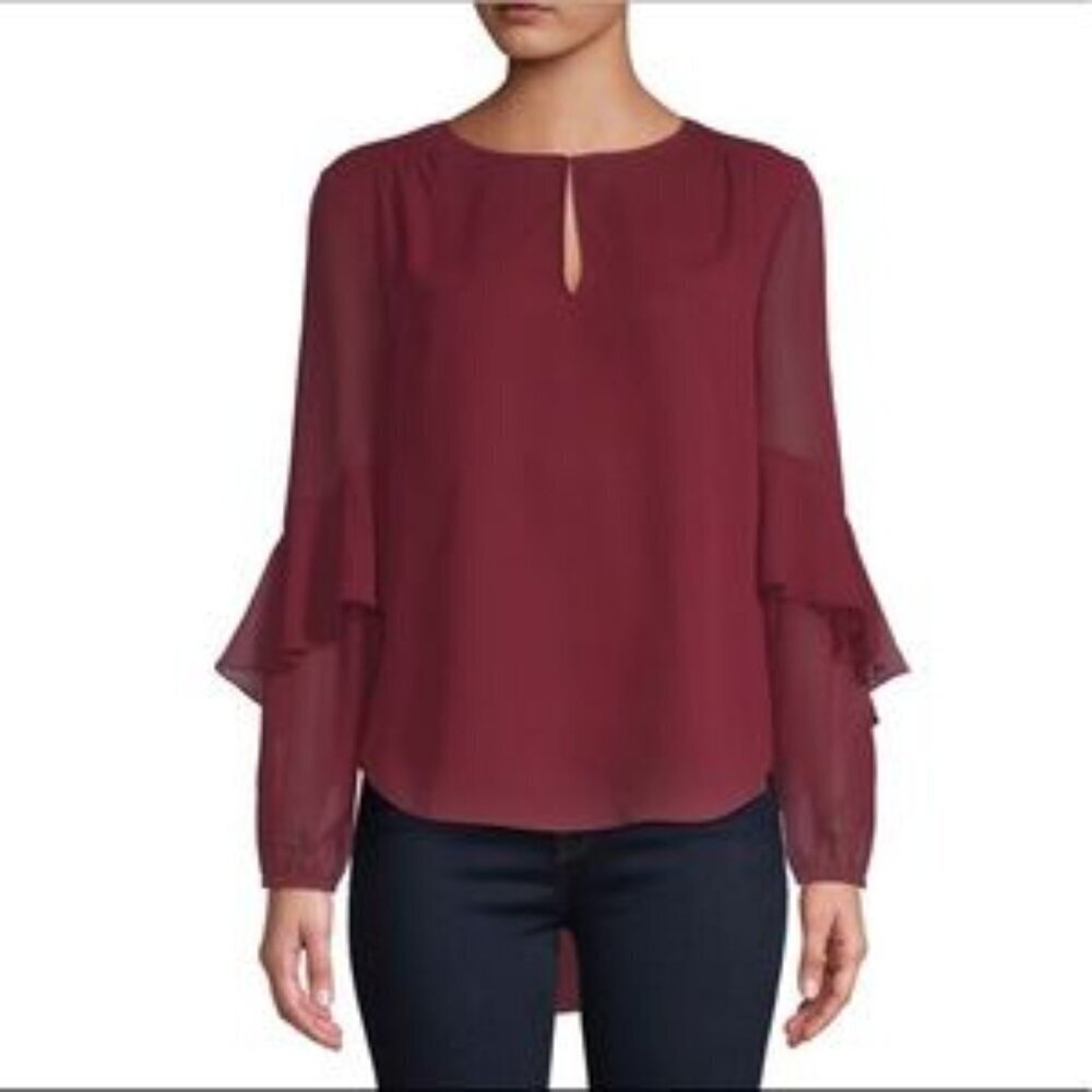 H by Halston Blouse Chiffon Size Medium Flounce Sleeve Keyhole Merlot